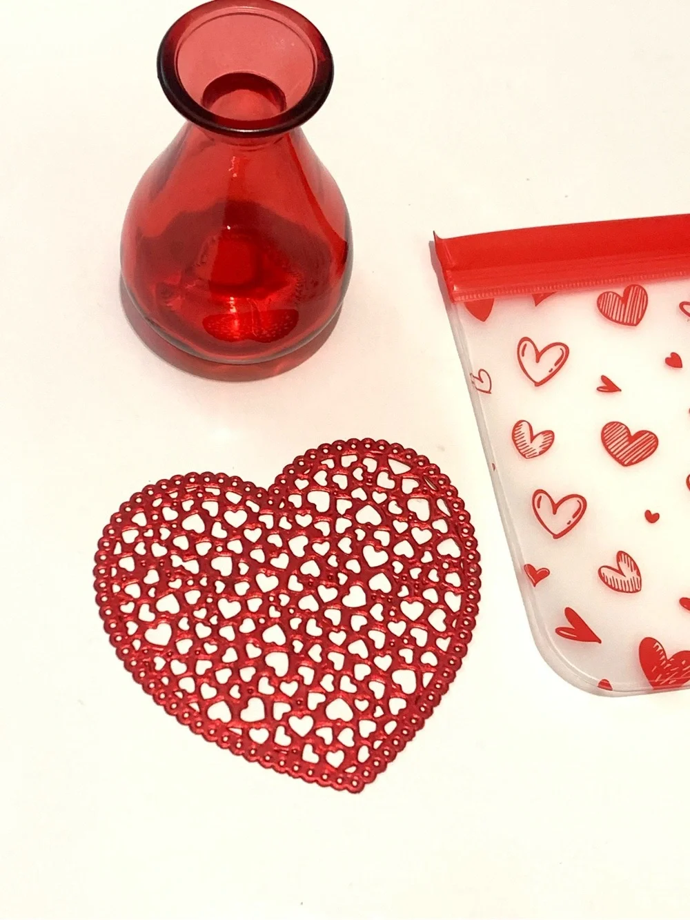 Red Heart-Themed Glass Vase, Coaster and Reusable Bag Set